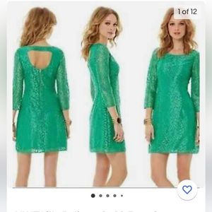 Lilly Pulitzer Camellia Fern Green Bamboo 3/4 Sleeve Lace Open Back Dress size 6